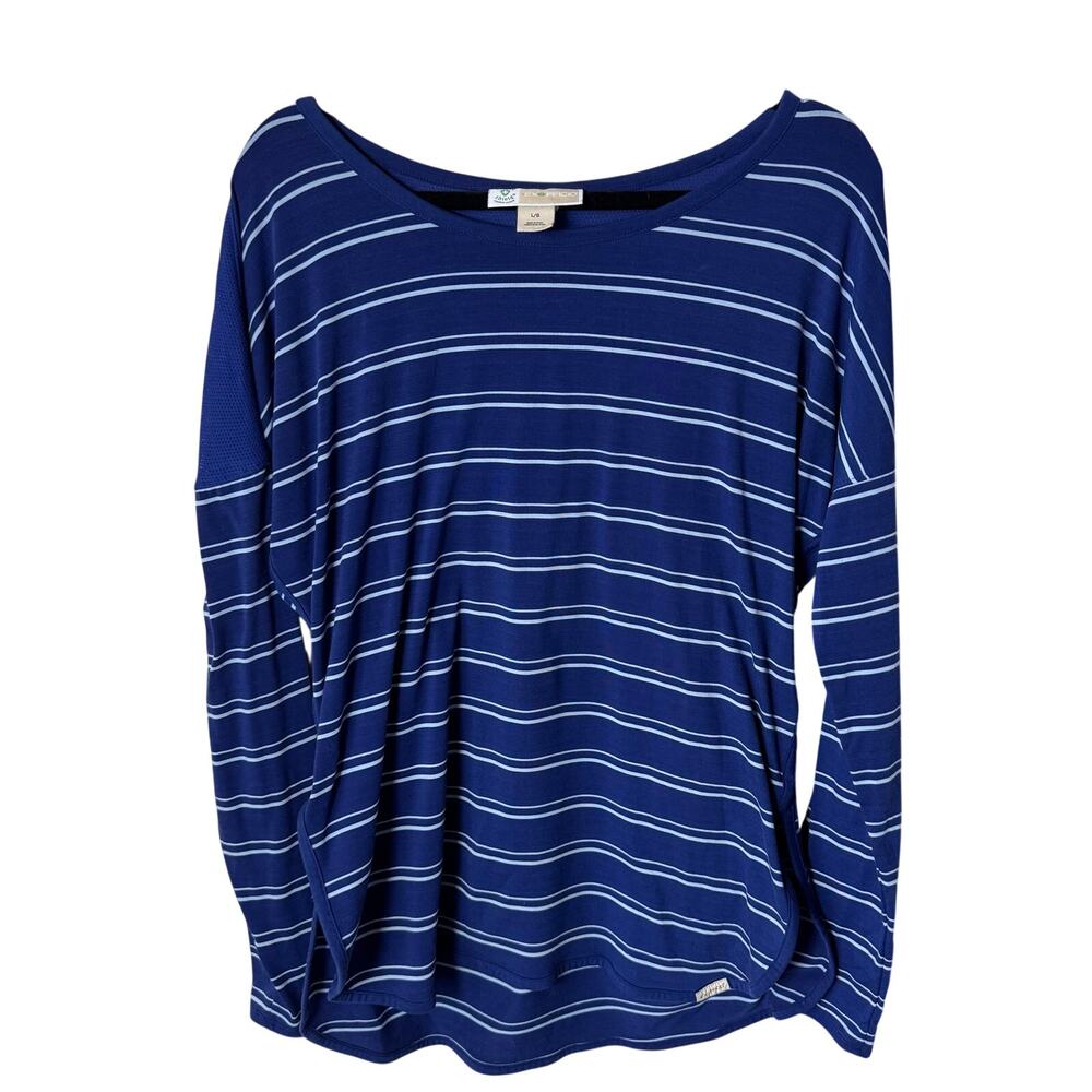 ExOfficio Insect Shield Long Sleeve Shirt Womens L Blue Striped Permethrin Hike
